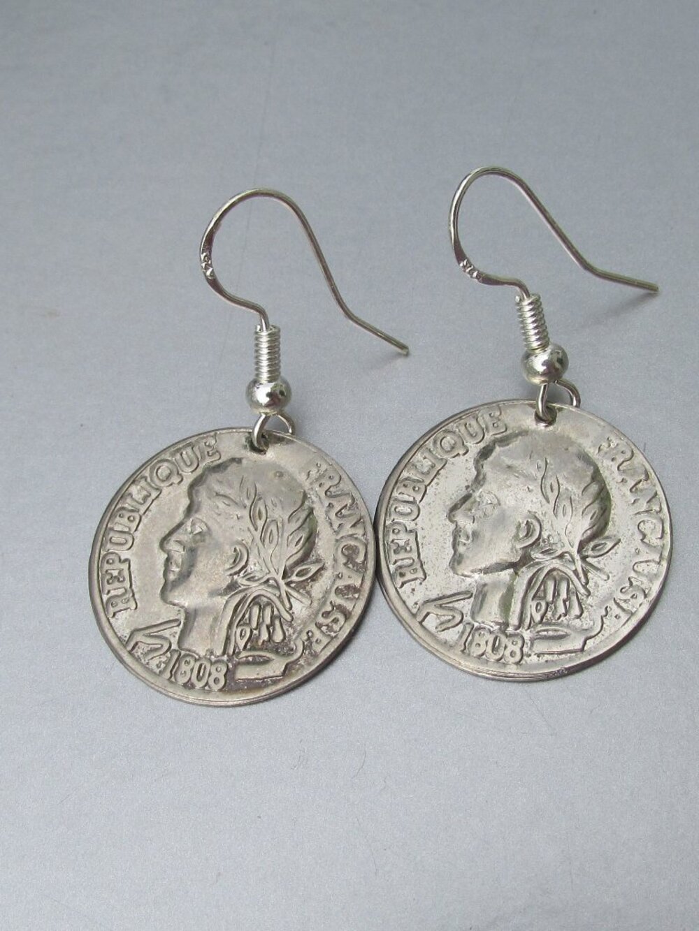 Vintage Replica French Silver Coin Dangle Pierced Sterling Earrings